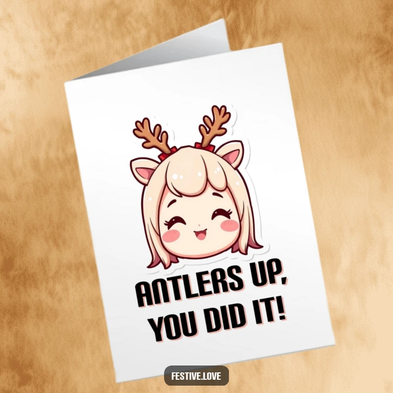Funny Free Printable Congratulations Card: A smiling character sports reindeer antlers, looking excited and ready to celebrate a big win.
