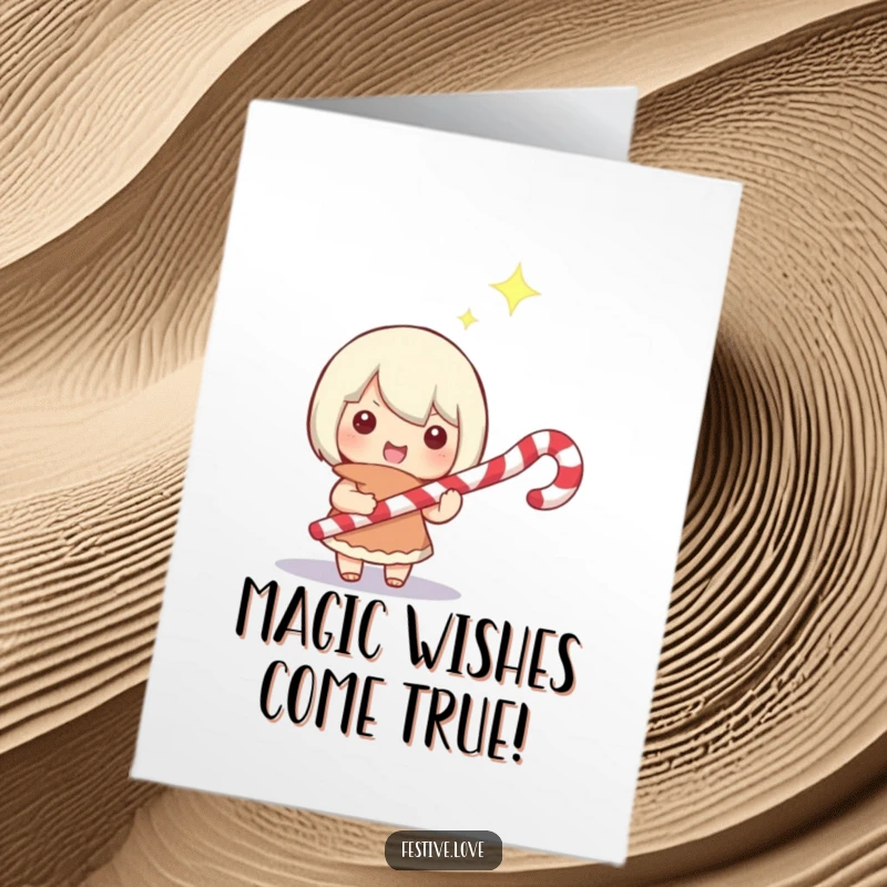 Funny Free Printable Congratulations Card: Character wields a candy cane as a magic wand, a happy glint signifying a triumphant, magical win.