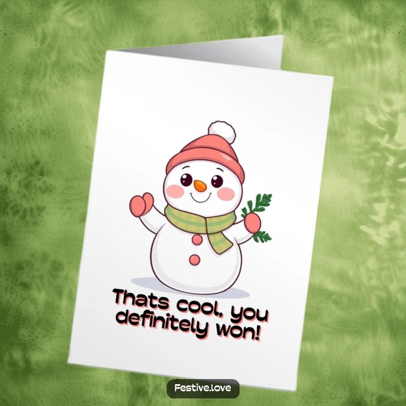 Free Printable Congratulations Card showing a cheery snowman character waving a tiny evergreen branch, celebrating achievements with natural warmth.
