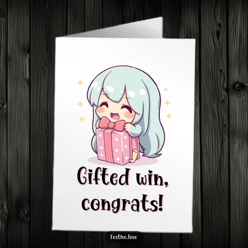 Funny Free Printable Congratulations Card: A character gleefully unwraps a dazzling, sparkling gift, symbolizing a wonderful surprise or achievement.