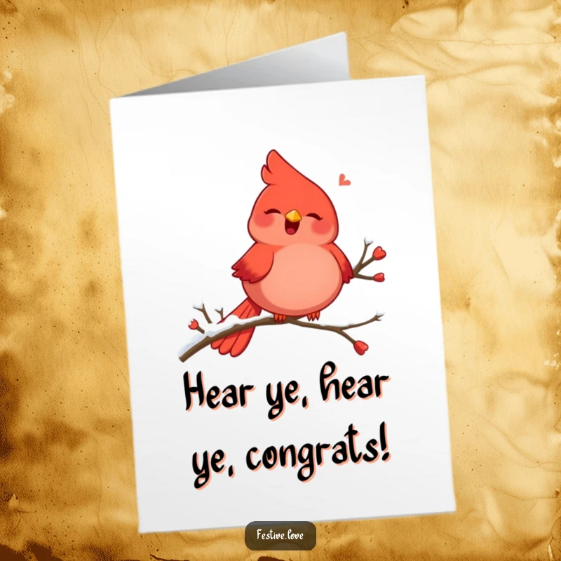 Funny Free Printable Cardinal Congratulations Card: Red cardinal joyfully singing on a snowy branch to celebrate your accomplishment.