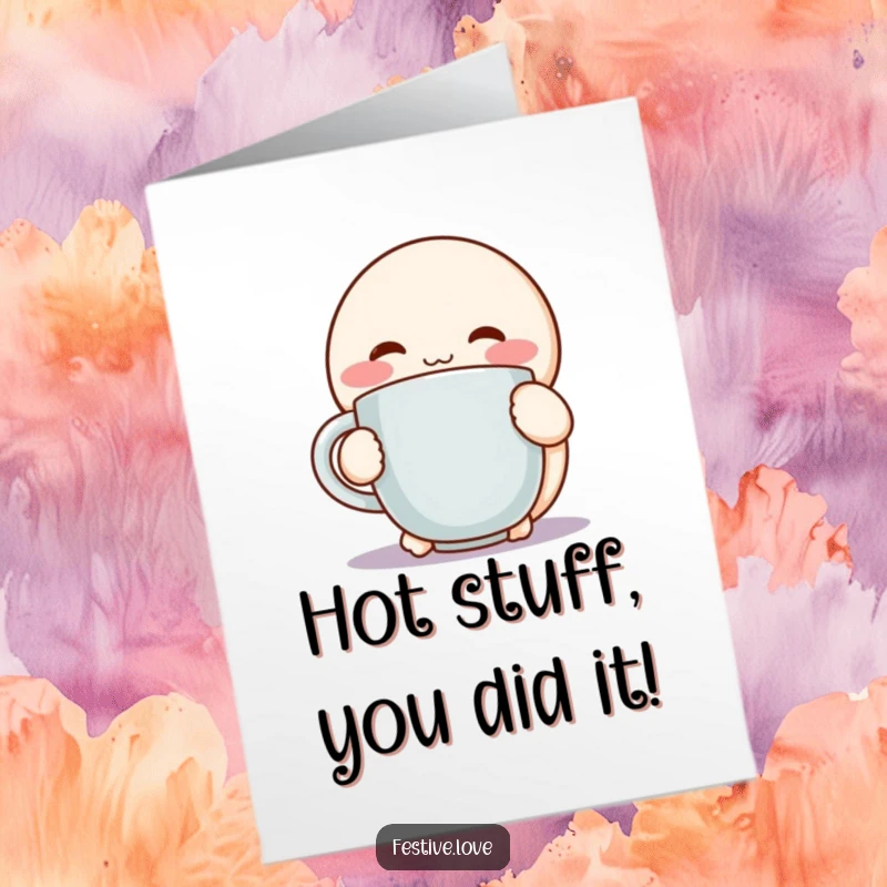Funny free printable congratulations card: A round character with rosy cheeks hugging a steaming mug, expressing pure joy.