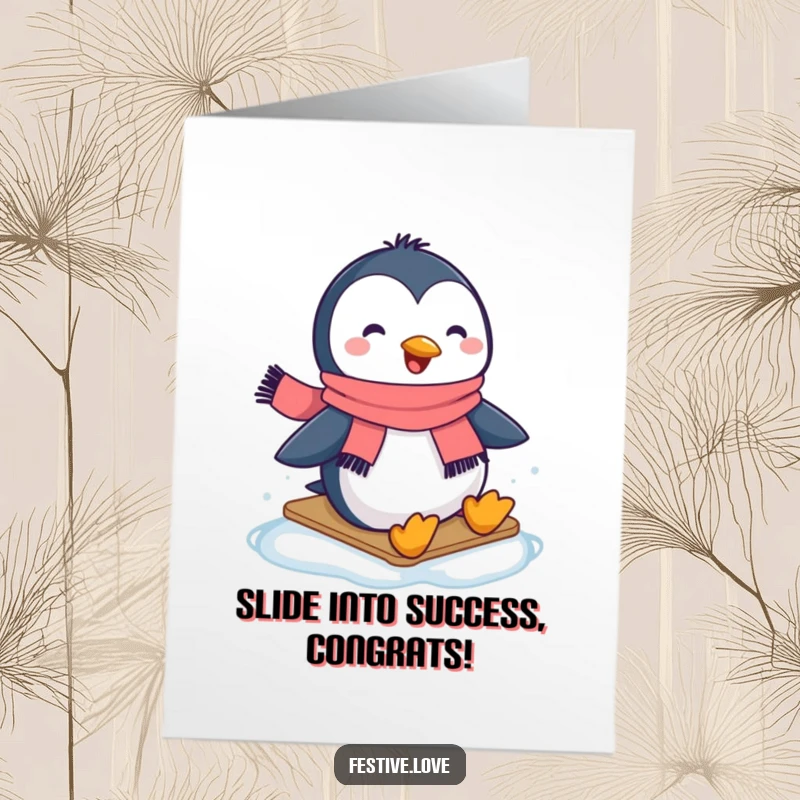 Funny Free Printable Penguin Congratulations Card: Penguin in a scarf joyfully sliding on ice, celebrating your success.