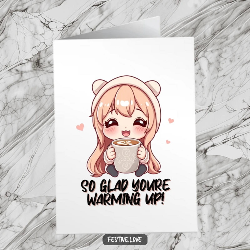 Funny free printable congratulations card showing a character radiating happiness while sharing a mug of hot cocoa, celebrating good times.