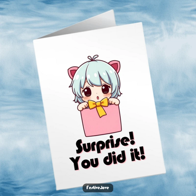 Funny Free Printable Congratulations Card: A character reacts with surprise while opening a brightly wrapped gift.