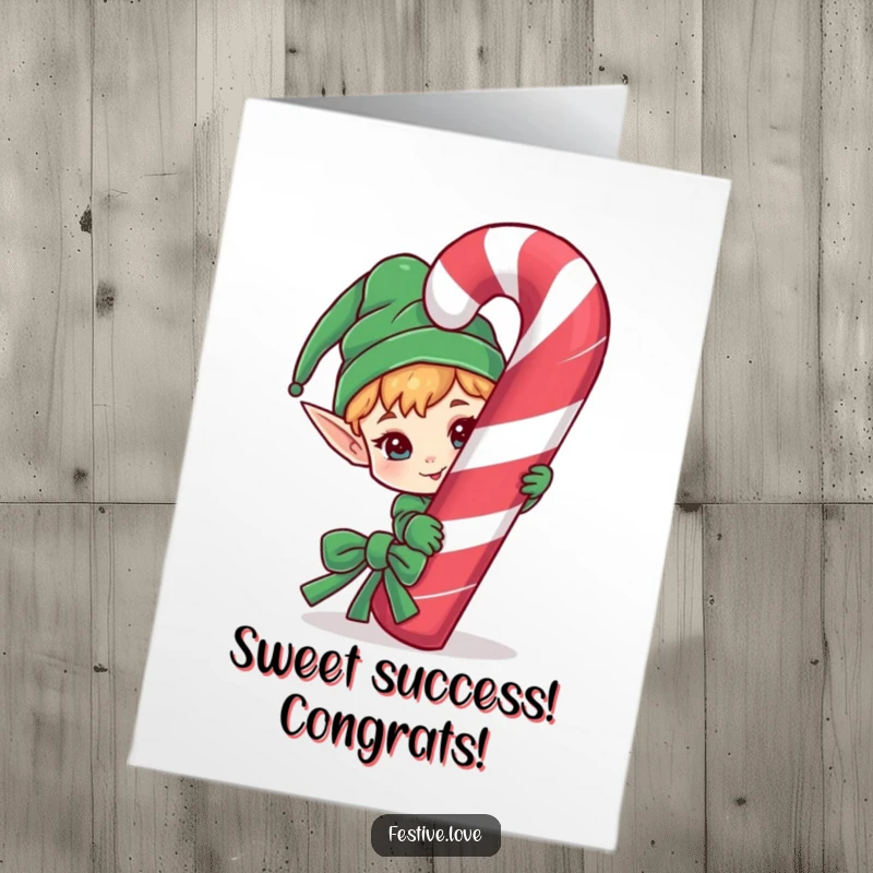 Funny Free Printable Congratulations Card: Mischievous elf character peeking from behind a giant candy cane, celebrating success, sweet.