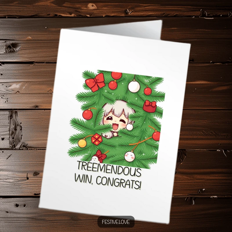 Funny Free Printable Congratulations Card: A character excitedly peeks from behind a Christmas tree, symbolizing a delightful surprise or hidden joy.