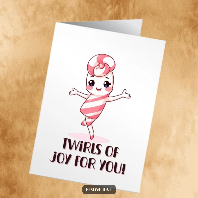 Funny Free Printable Congratulations Card: A kawaii candy cane character doing a graceful pirouette, radiating joy and celebration.