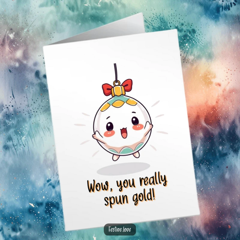 Funny Free Printable Congratulations Card: A Christmas ornament spinning wildly, symbolizing an exciting achievement.