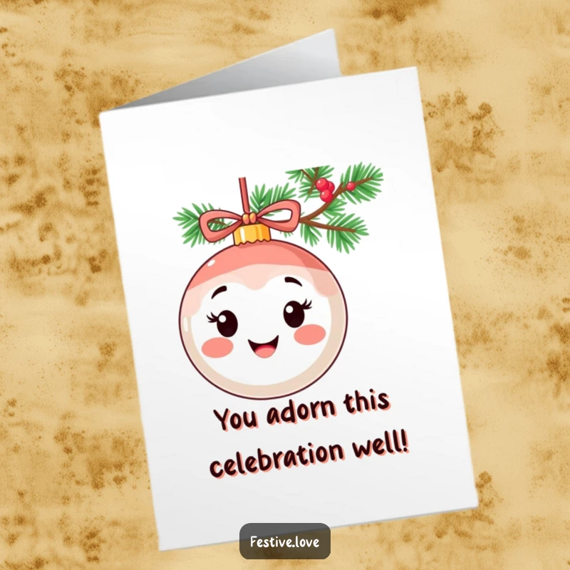 Funny Free Printable Ornament Congratulations Card: Smiling ornament character hanging from a garland, celebrating your success.