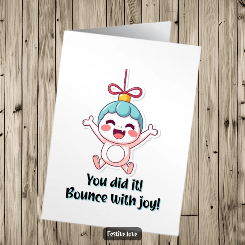 Funny Free Printable Congratulations Card: Kawaii ornament character mid-bounce, radiating excitement and playful energy for a big win.
