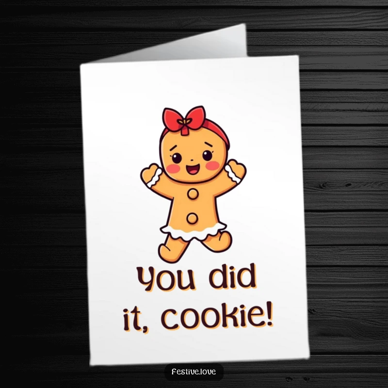 Funny Free Printable Congrats Card: A happy gingerbread person in mid-dance, bringing energetic and humorous congratulations with a festive download.