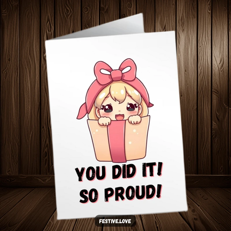 Funny Free Printable Congratulations Card: A cheerful present character popping out of ribbon, celebrating a great achievement.