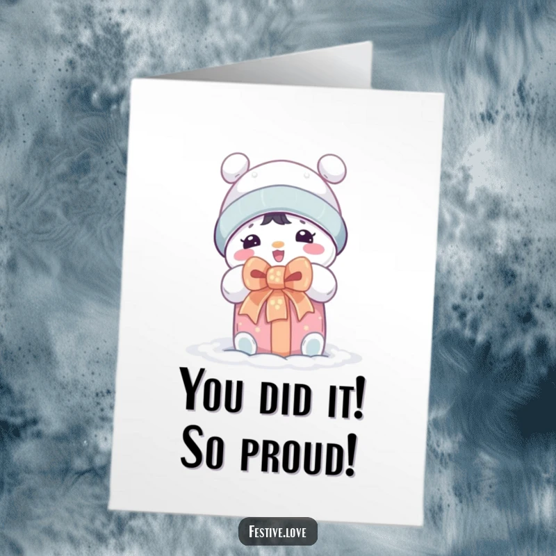 Funny Free Printable Congratulations Card: Snow character overjoyed unwrapping a gift, celebrating success, cheerful winter design.