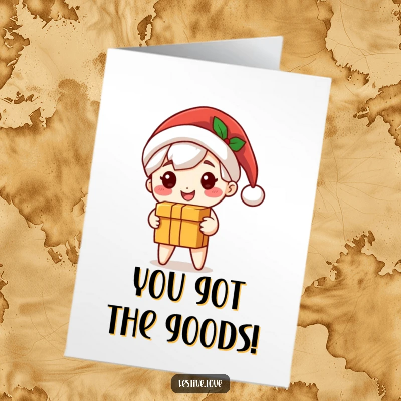 Funny Free Printable Congratulations Card: Cute Santa character smiling, presenting a gift box to celebrate an accomplishment, festive and cheerful.