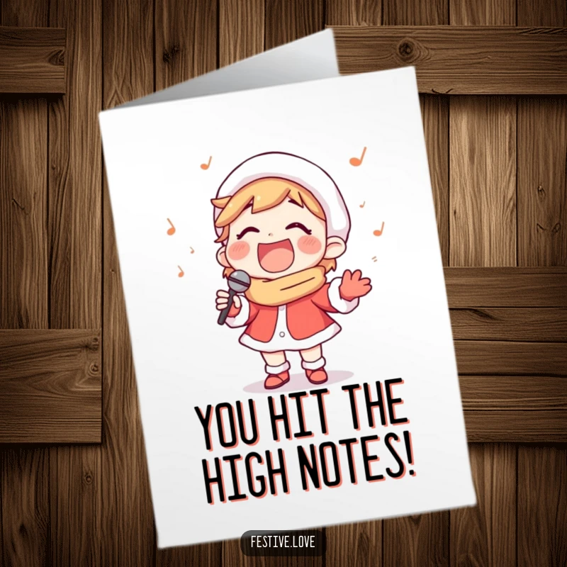 Funny Free Printable Congratulations Card: Carol singer with a wide smile belts out a happy tune, celebrating success with musical flair.