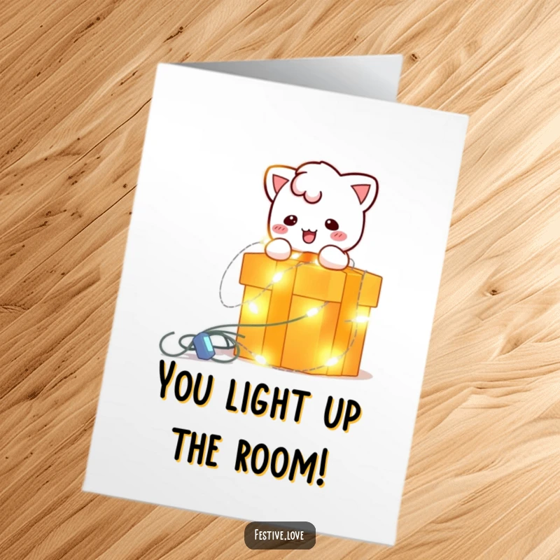 Funny Free Printable Congratulations Card: Blinking string lights playfully wrap a gift box, symbolizing a brilliantly successful and happy occasion.