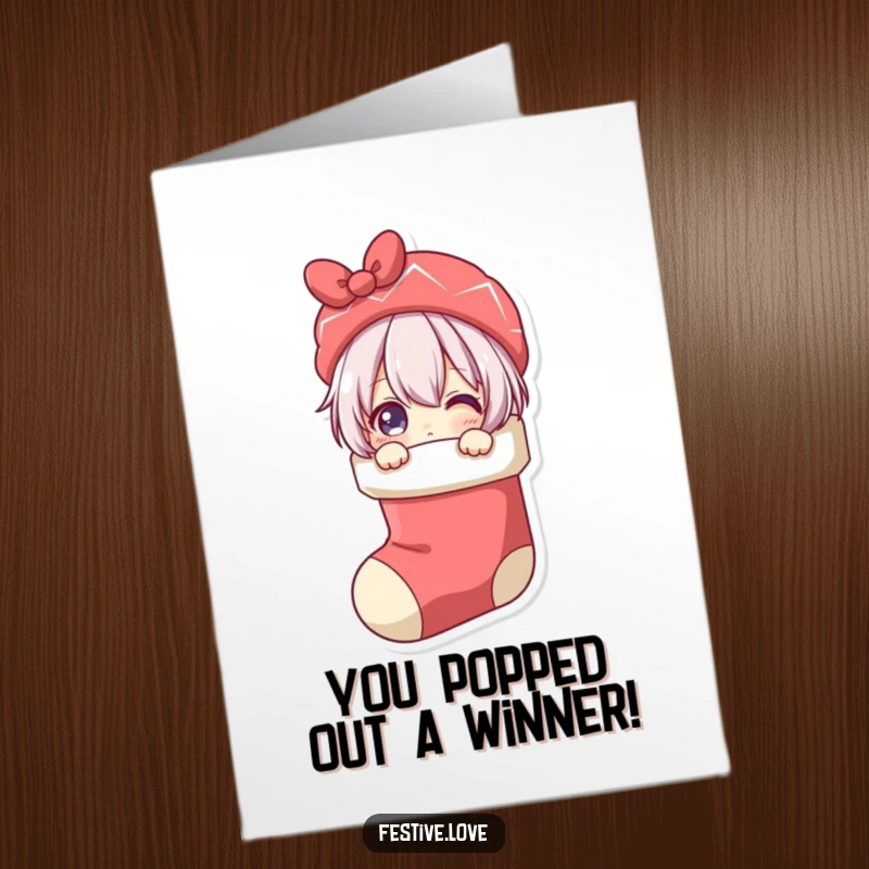 Funny free printable congratulations card showing a character playfully emerging from a stocking, conveying cheerful congratulations.