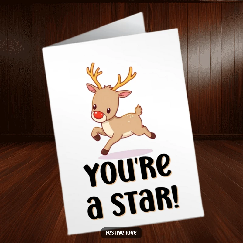 Funny Free Printable Congrats Card: A kawaii reindeer with sparkly antlers prances gleefully, spreading cheer.