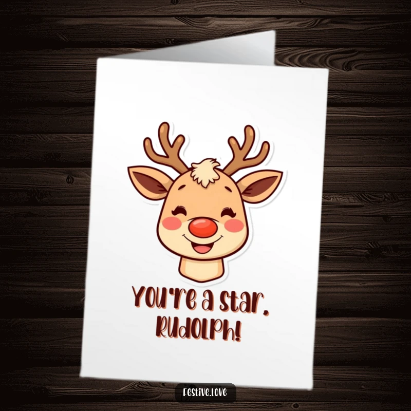 Funny Free Printable Congrats Card: A rosy-cheeked reindeer with a wide grin, offering congratulations with a dose of downloadable, festive humor.