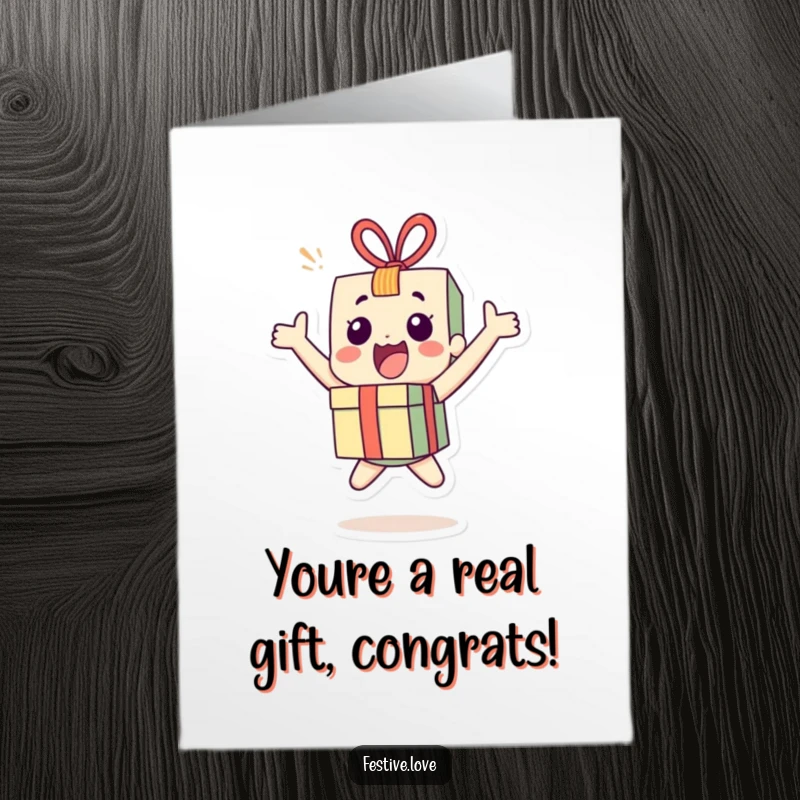 Free Printable Congratulations Card showing an excited little present character bouncing vigorously with joy, celebrating a major win.