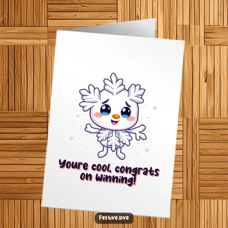 Free Printable Congratulations Card showing a mischievous snowflake character creating a tiny swirl, celebrating achievements with a cool style.