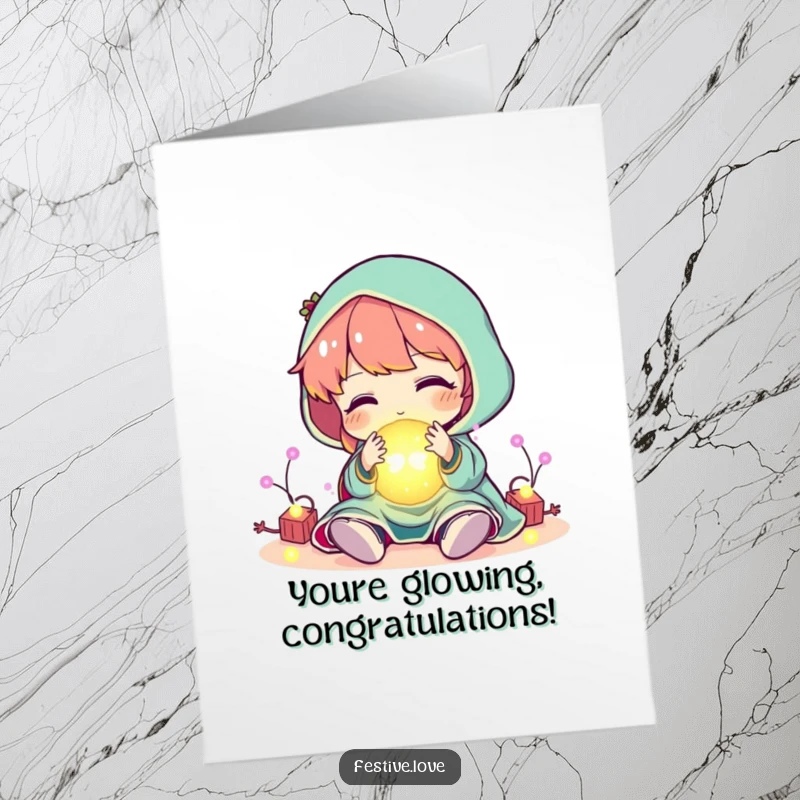 Funny Free Printable Congrats Card: Character happily playing with a luminous ball of festive lights, celebrating success.