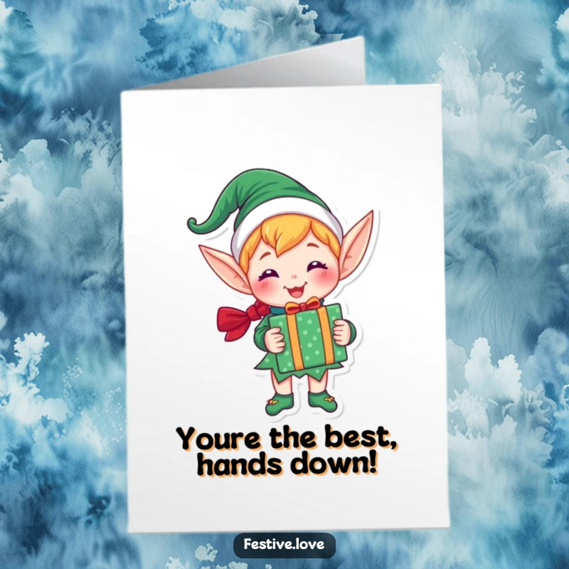 Funny Free Printable Elf Congratulations Card: An ecstatic elf holds a vibrant gift, signifying a joyful celebration of achievement.