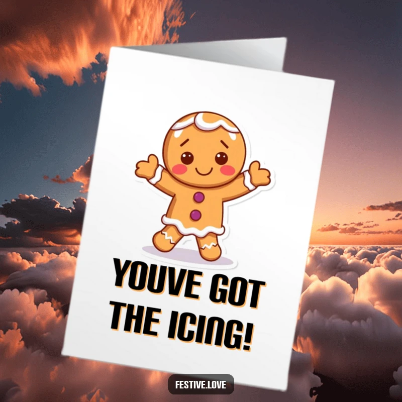 Funny Free Printable Congratulations Card: A smiling gingerbread man with frosting decorations performs a happy dance, celebrating good news.