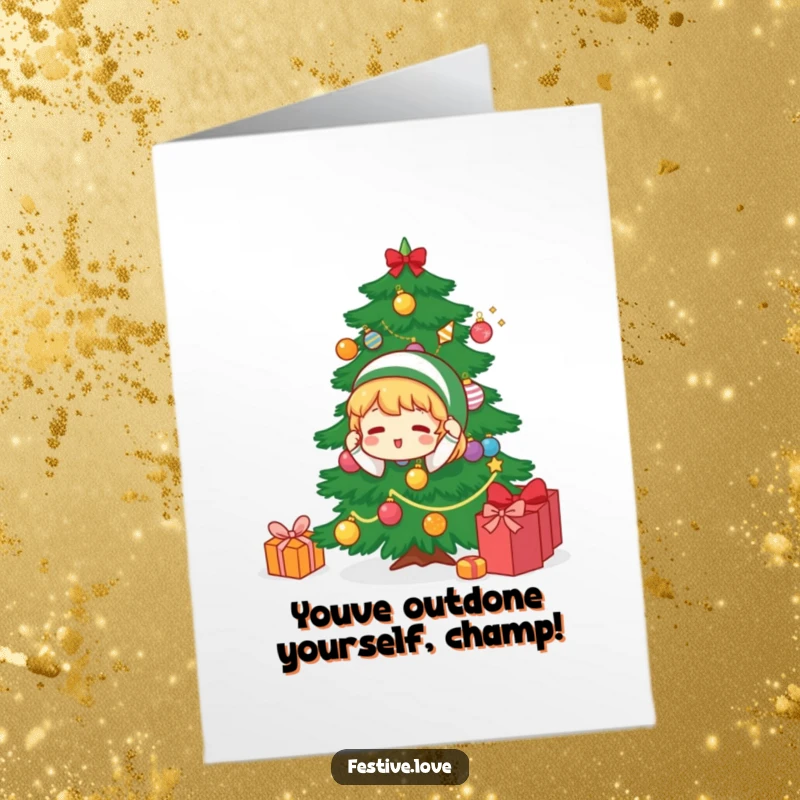 Funny free printable congratulations card showing a character gleefully hanging ornaments on a Christmas tree, celebrating a big achievement.