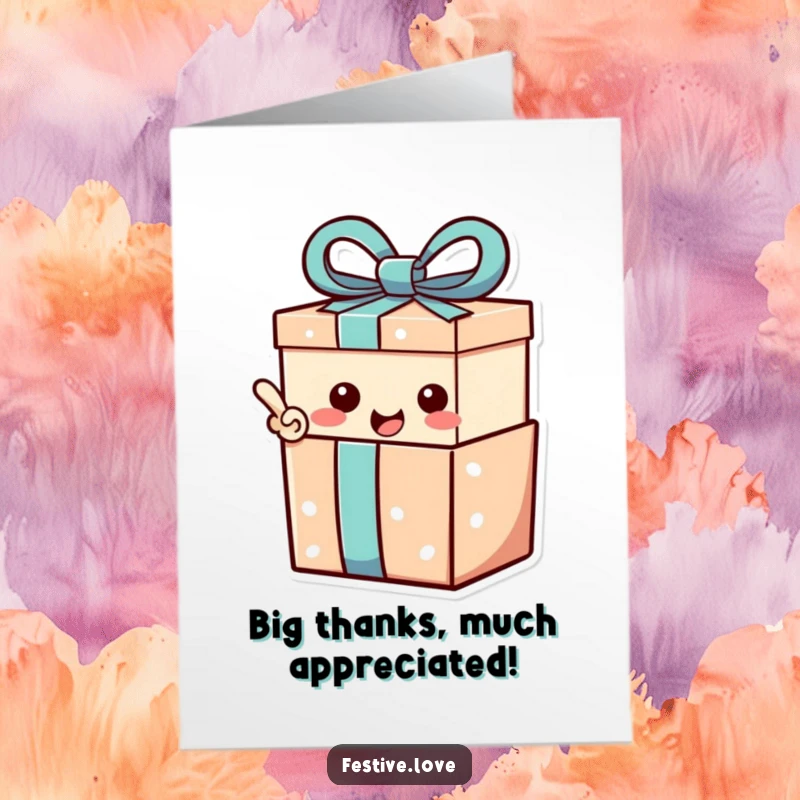 Funny Free Printable Thank You Card of a gift box character expressing joyful thanks with an exclamation point.