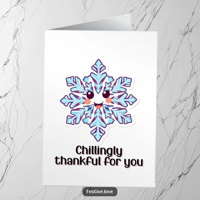 Funny Free Printable Snowflake Thank You Card: A happy snowflake character joyfully spinning, sending warm thanks.
