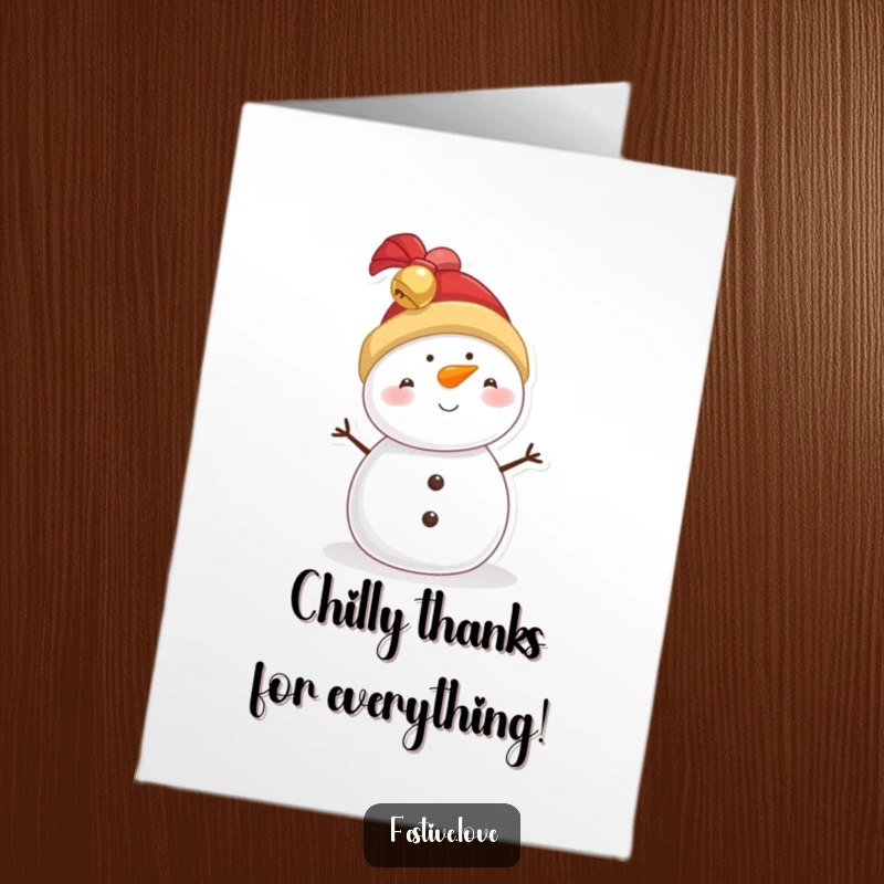 Funny Free Printable Thank You Card: A jolly snowman with a jingly bell hat, offering thanks with a touch of humorous, frosty charm and a download.
