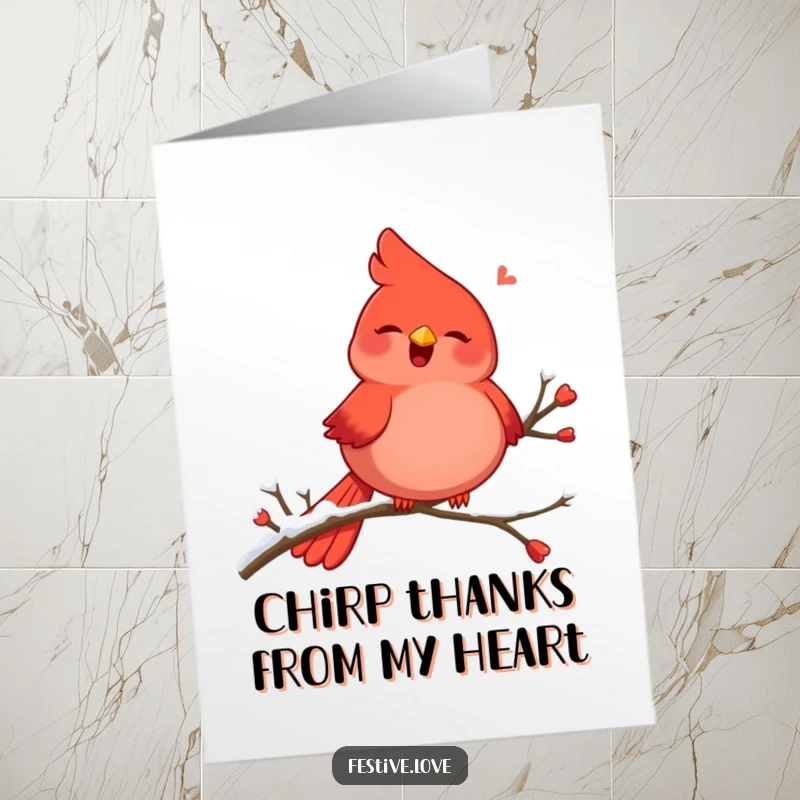 Funny Free Printable Cardinal Thank You Card: Plump red cardinal singing joyfully on a snowy branch, conveying thanks.