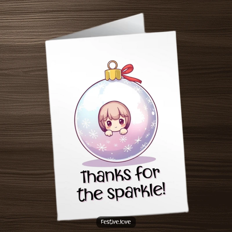 Funny Free Printable Christmas Thank You Card: Small character peeking out from a huge, shimmering Christmas ornament, conveying thanks.