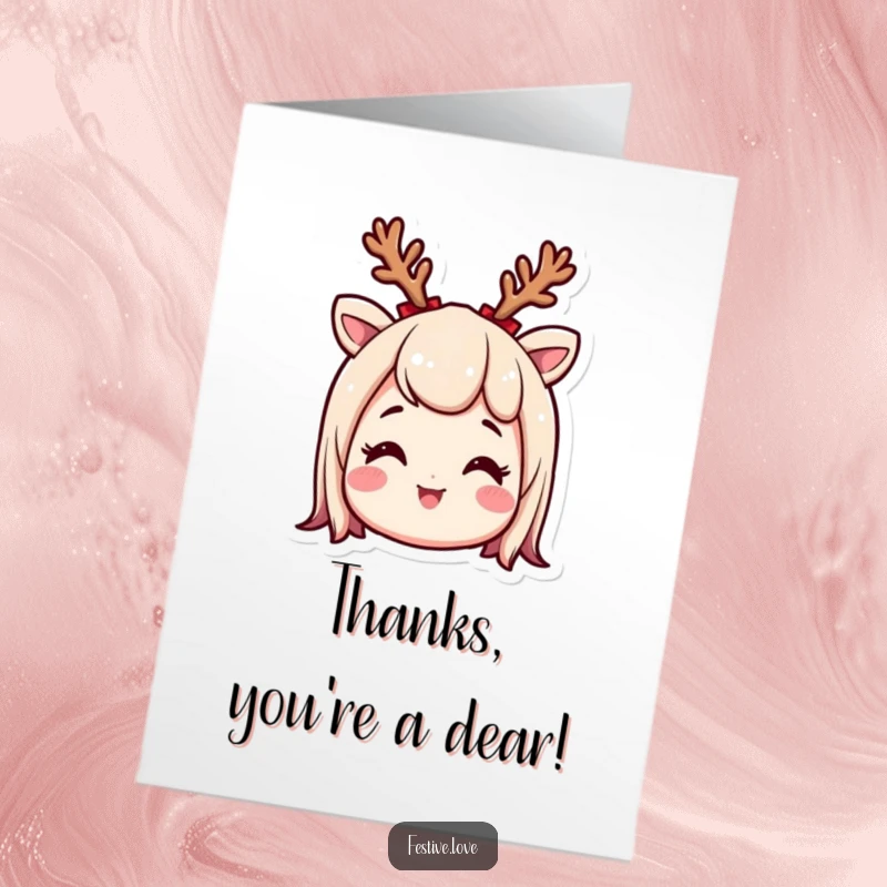 Funny Free Printable Thank You Card: A smiling character wears reindeer antlers, looking excited and conveying thanks with festive joy.