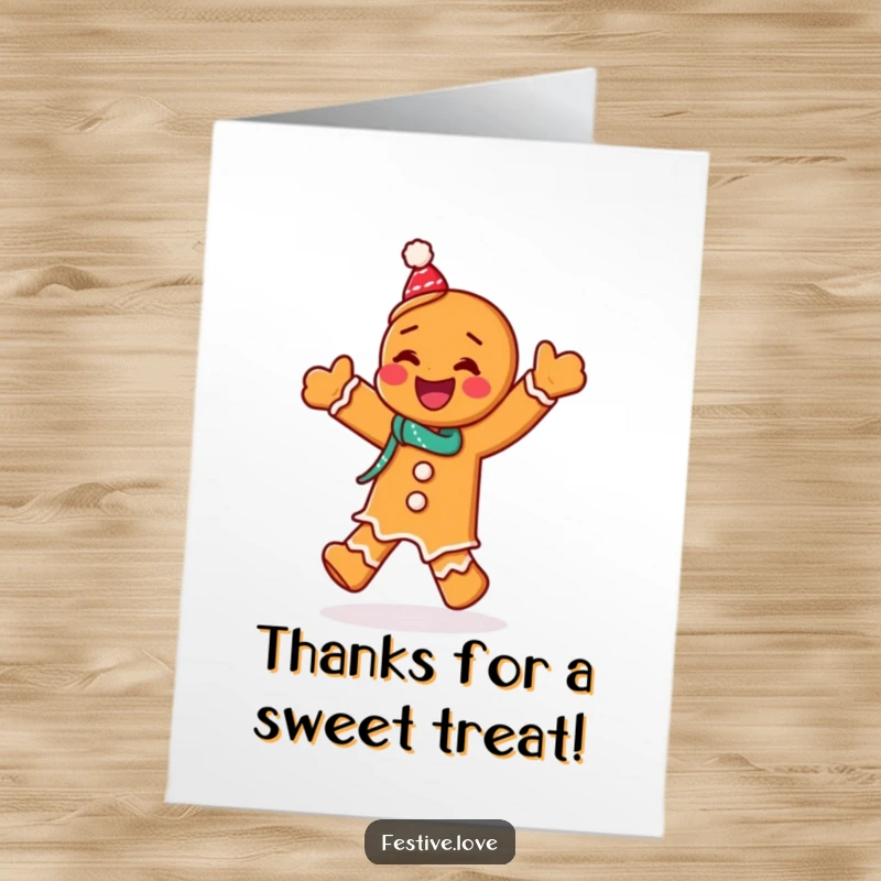 Free Printable Thank You Card: A gingerbread man grooving with a big giggle, offering sweet thanks.