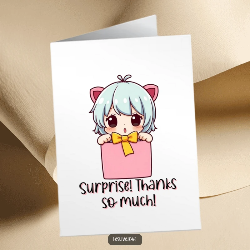 Funny Free Printable Thank You Card: A cute character showing surprised delight upon unwrapping a gift.