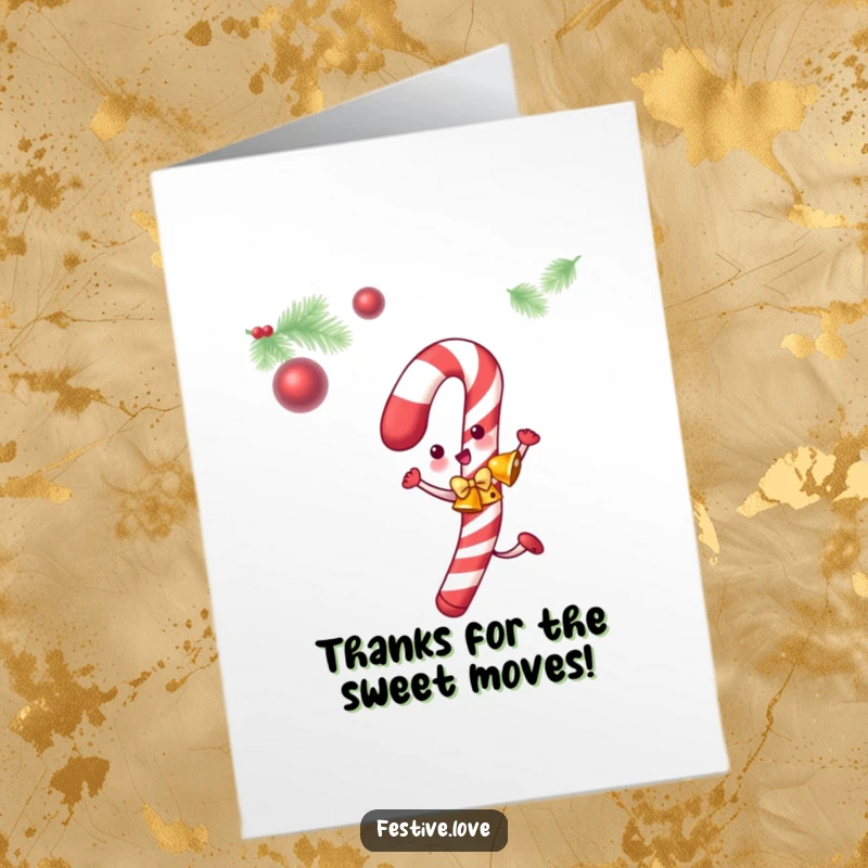 Funny Free Printable Thank You Card: Wiggling candy cane with jingle bells offers thanks with festive spirit.