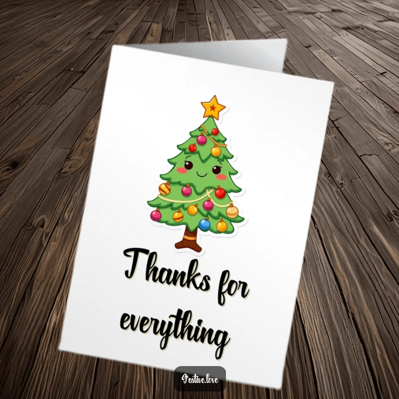 Funny Free Printable Thank You Card: A cheerful Christmas tree decorated with ornaments and a star shines brightly, conveying thanks.