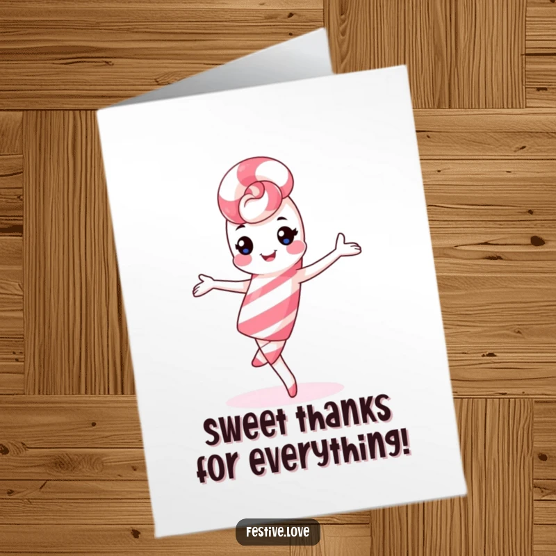 Funny Free Printable Thank You Card: A happy kawaii candy cane character in mid-pirouette, conveying sweet gratitude.