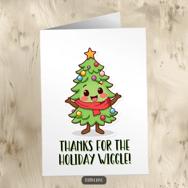 Funny Free Printable Thank You Card: A kawaii Christmas tree character doing a lively, festive wiggle, sending warm thanks.