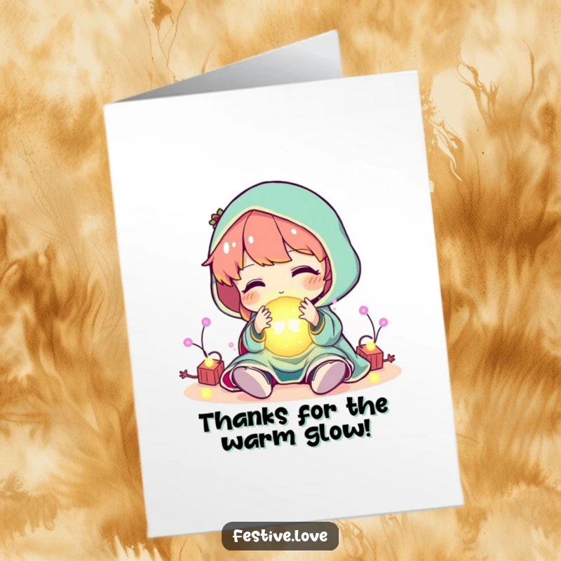 Funny Free Printable Thank You Card: Character playing with a glowing ball of festive lights, sending thanks.