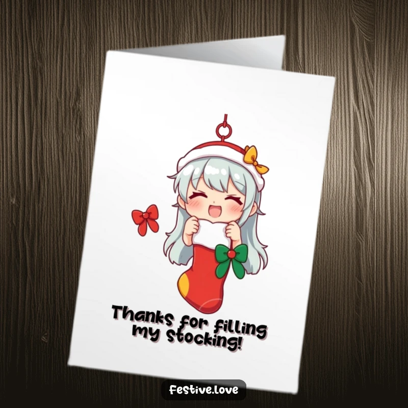 Funny Free Printable Thank You Card: A character happily hangs a decorated stocking, conveying thanks with festive holiday spirit.