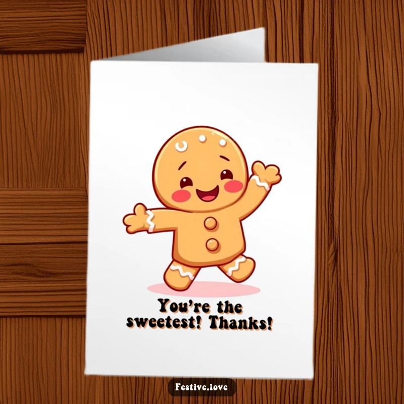 Funny Free Printable Thank You Card: Happy gingerbread cookie character doing a joyful jig, expressing thanks, baked goods.