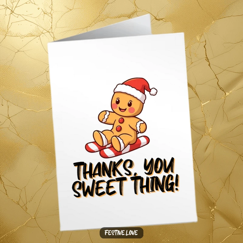 Funny Free Printable Thank You Card: Gingerbread man slides down candy cane, expressing sweet and festive thanks.