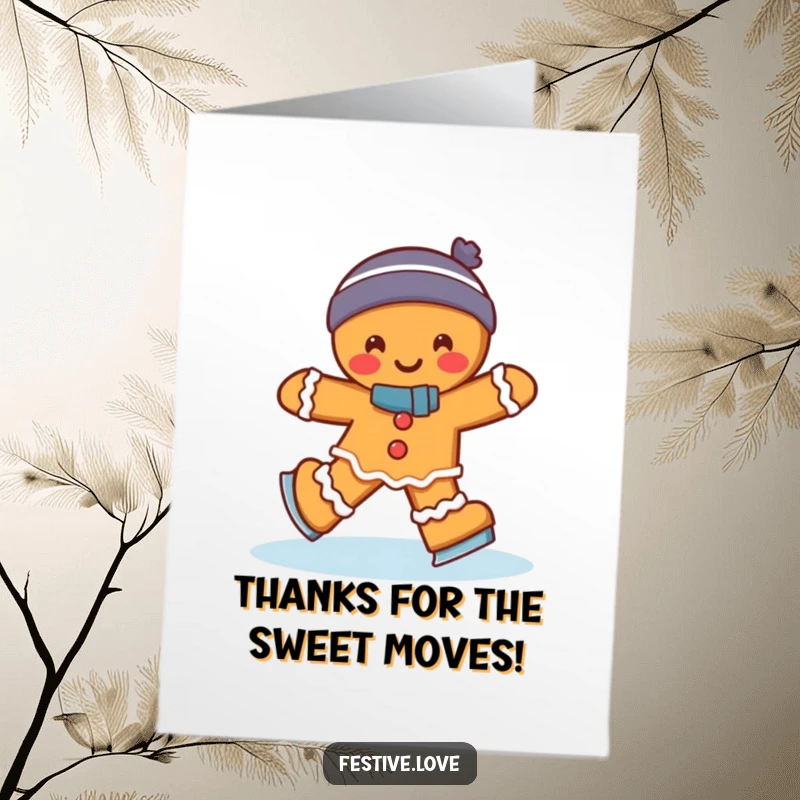Funny Free Printable Thank You Card: Adorable gingerbread man ice skating with a wobbly, thankful expression.