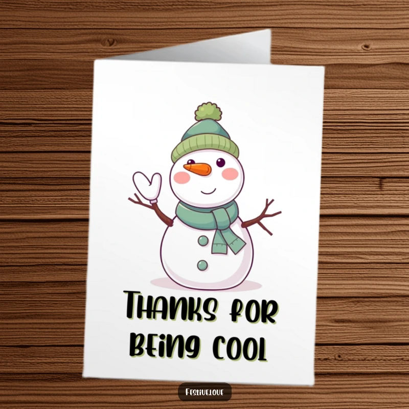 Funny Free Printable Thank You Card: A happy snowman with twig arms and a carrot nose waves cheerfully, conveying thanks.