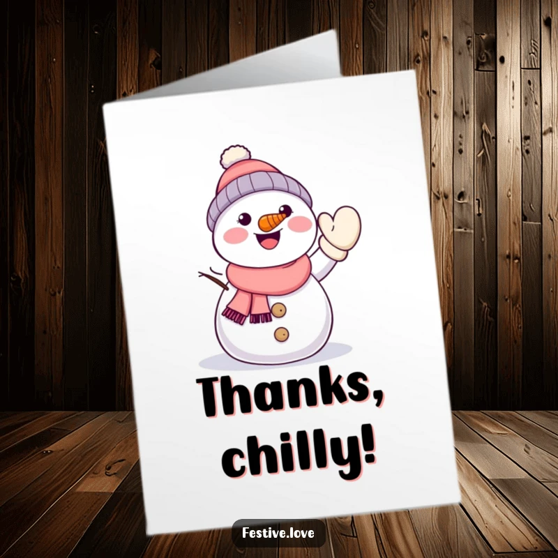 Funny Free Printable Thank You Card: A cheerful kawaii snowman sporting a carrot nose waves energetically with a mitten.