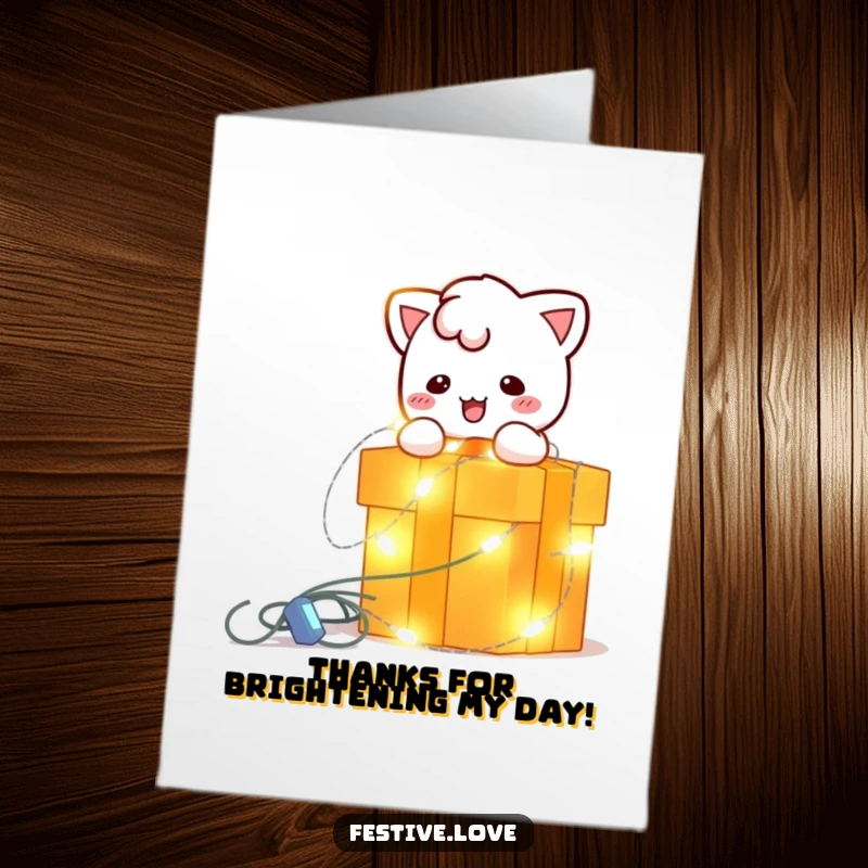 Funny Free Printable Thank You Card: Blinking string light character playfully wraps a gift box, conveying thanks with a bright, festive glow.